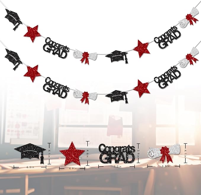 Black and Red Congrats Grad Banner Graduation Decorations Class of 2026 Glitter - Image 3