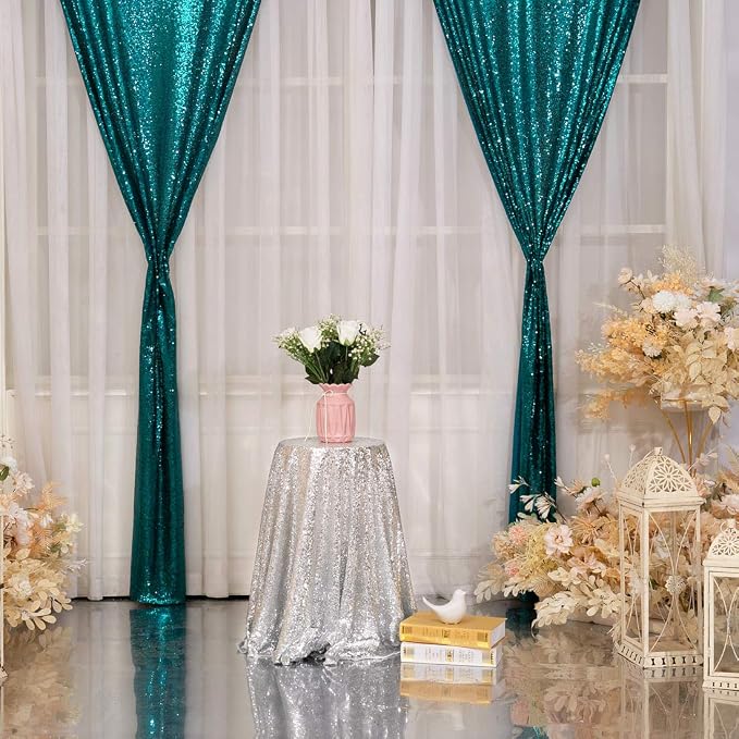Poise3EHome 2Pcs 2Ft x 8Ft Teal Sequin Backdrop Curtains, Glitter Photography - Image 8