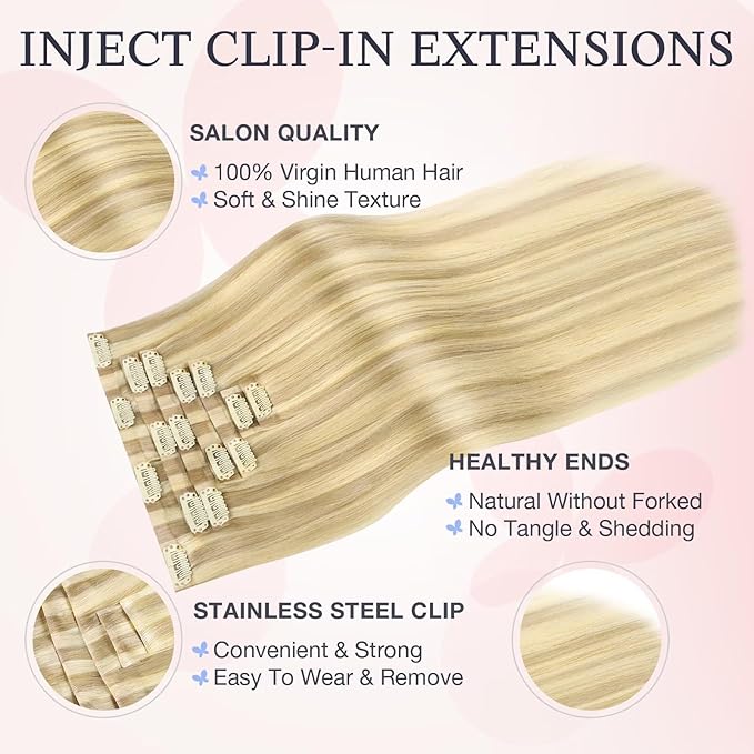 DOORES Clip in Hair Extensions Real Human Hair 22 inch 110g 7pcs Invisible Human Hair Extensions Clip ins, Injected Seamless PU Clipins Invisi Edge, P18D/22F Drity Blonde Highlight Golden Blonde