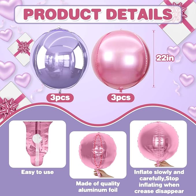 6Pcs Pink purple Round Foil Balloons, Giant 4D Round Ball Balloon, 22 Inch - Image 2