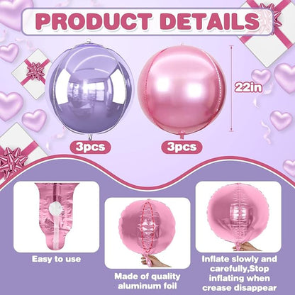 6Pcs Pink purple Round Foil Balloons, Giant 4D Round Ball Balloon, 22 Inch - Image 2
