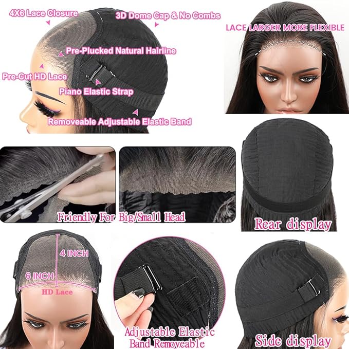 4x6 Glueless Wigs - Human Hair 8 Inch Bob, Pre Plucked, Pre Cut, 180% Density, HD Transparent Frontal Lace Front Wigs for Women