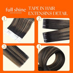 Full Shine Invisi Edge Tape in Hair Extensions 18 Inch Color Darkest Brown and Light Brown Invisible Machine Remy Balayage Hair Extensions Real Human Hair Tape ins No Knots for Women 20Pcs 50Grams