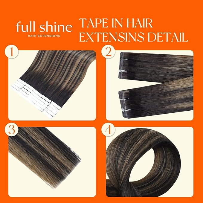 Full Shine Tape in Hair Extensions HUman Hair Color 2 Fading to 8 Highlight 2 Darkest Brown Invisi Edge Tape in Extensions Human Hair Machine Remy Skin Weft 24Inch 20Pcs 50Grams for Daily Office Look