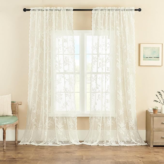 Cream Lace Curtains 120 Inches Long 2 Panels Victorian Floral Sheer Curtains by SEEKRIGHTHomeDecor