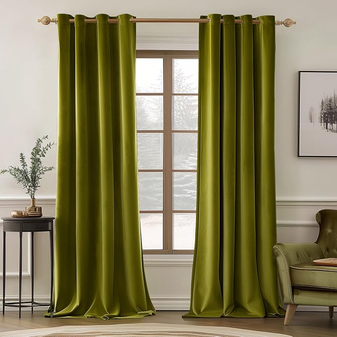 MIULEE Velvet Curtains Light Olive Green 52 x 90 Inch Length Set of 2 | Grommet by MIULEE