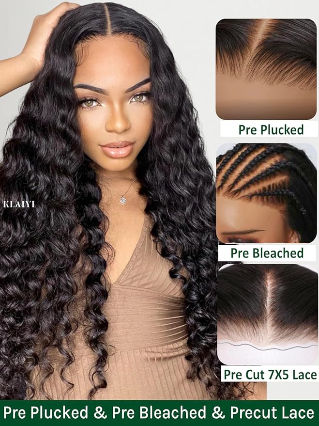 KLAIYI Water Wave Bye Bye Knots Glueless Wig Human Hair 7x5Precut Lace Front Pre Plucked Bleached Wear and Go Wig with Curly Baby Hair Drawstring 3S Ready to Go Pre Everything Beginner Friendly 26Inch