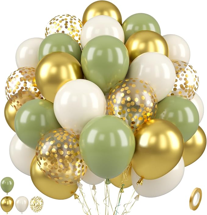 Sage Green and Gold Balloons, 12 Inch Metallic Gold Confetti Avocado Green Sand by Paready