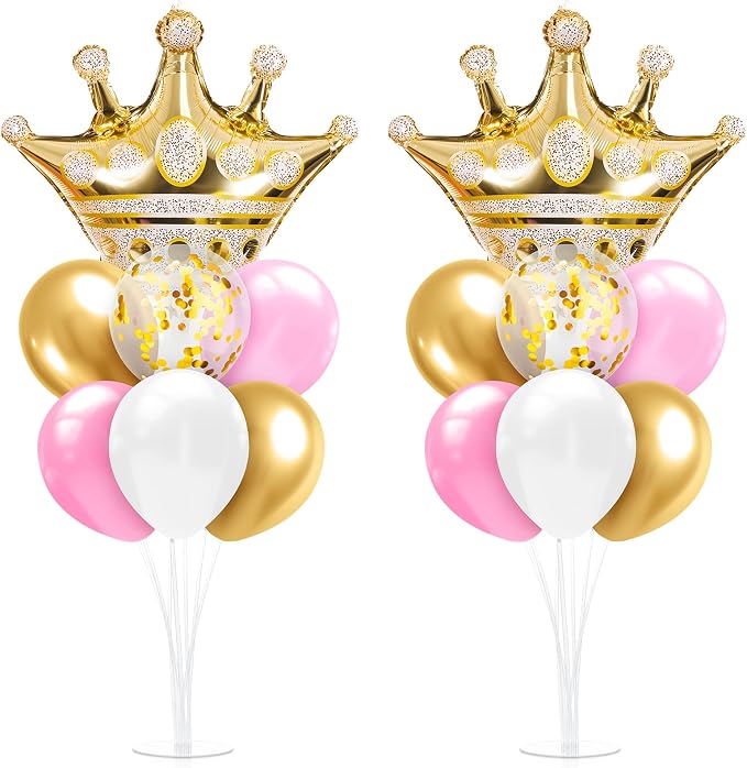 Seematn 2 Set Princess Balloon Stand Kits Pink Gold Crown Balloons Sticks Holder by Seematn