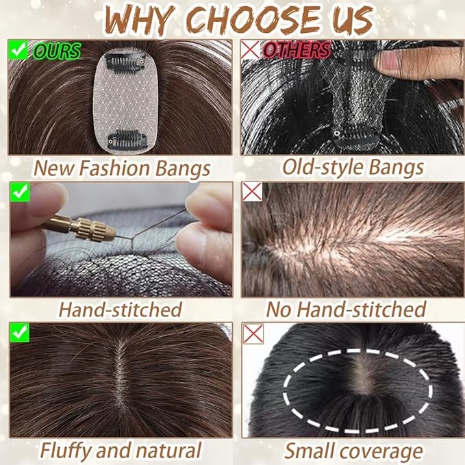 Amchoice Hair Toppers for Women Real Human Hair, Bangs Hair Clip 360° 3D Cover Bangs, Human Hair Toppers for Women Daily(Mocha, 3D Side Bangss (5 * 9))