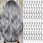 16 Pcs Colored Hair Extensions Curly Wavy Clip in Synthetic Hair Extensions,Colorful Sliver Gray Highlights Hairpiece Streak for Girls Women Kids Christmas Cosplay Party Gift(Grey)