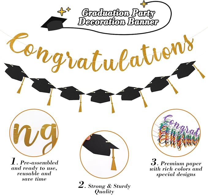 Class of 2026 Graduation Decorations Pre-Strung Glitter Congratulations Banner - Image 2