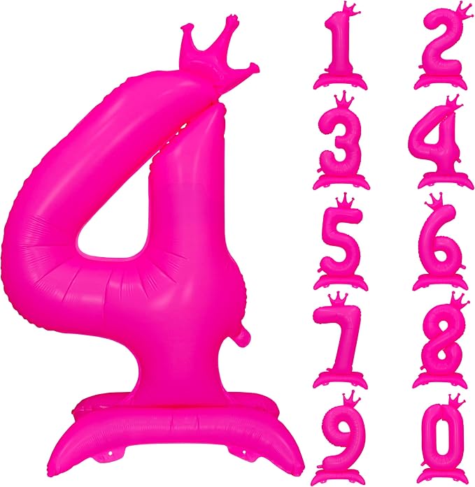 Fluorescent Pink Crown Number 4 Foil Balloon Neon Glow In The Dark Balloon | by YOIOZAIZAI
