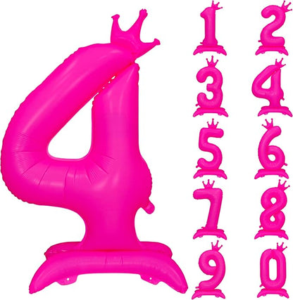 Fluorescent Pink Crown Number 4 Foil Balloon Neon Glow In The Dark Balloon | by YOIOZAIZAI