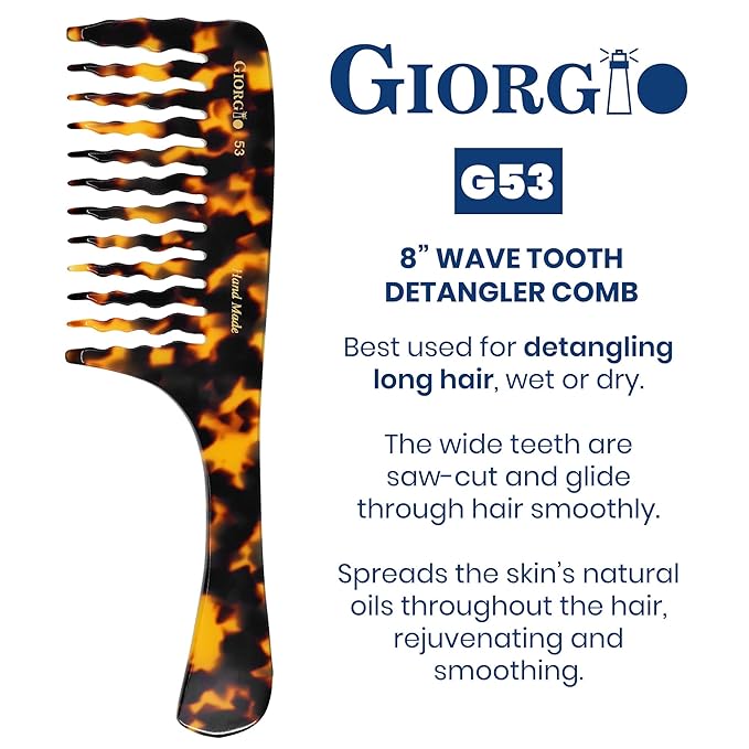 Giorgio G53 Wide Tooth Comb for Curly Hair Detangler, Wide Tooth Combs for Women with Thick Hair, Large Tooth Comb For Wet and Dry, Handmade Rake Detangler Saw-Cut and Hand Polished (8")