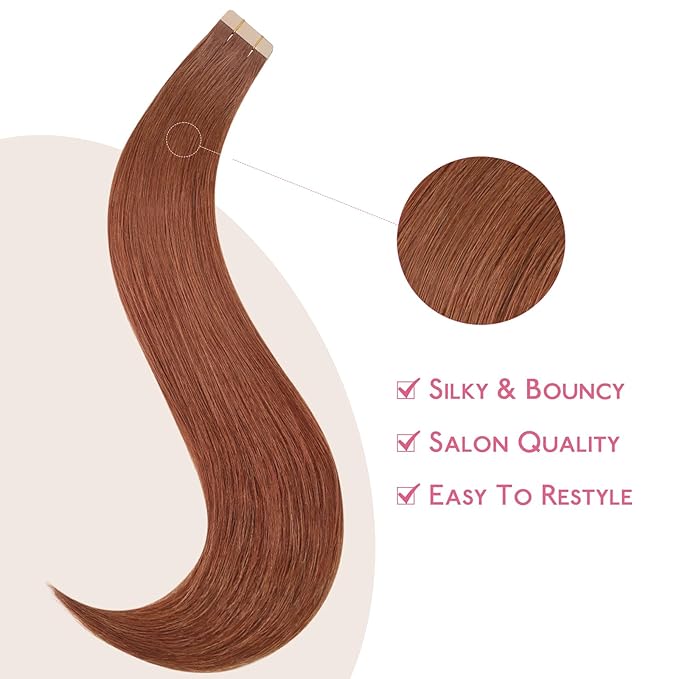 WENNALIFE Tape in Hair Extensions Human Hair Dark Auburn Copper Tape in Extensions, 10pcs 25g 14 inch Remy Invisible Tape Ins Straight Colored Soft Real Human Hair Tape in Extensions Refill Set Extens