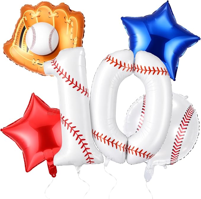 Jenaai Number 10 Baseball Balloons White Red and Blue Baseball Glove Balloons by Jenaai