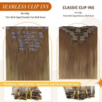 Full Shine Human Hair Clip in Extensions 16 Inch Clip in Hair Extensions Light Brown to Ash Blonde Real Hair Ombre Seamless Hair Extension with PU Skin Weft Softness 8 PCS 120 G