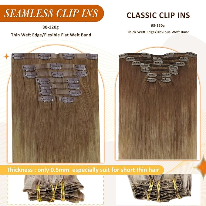 Full Shine Human Hair Clip in Extensions 12 Inch Hair Extensions Clip in Light Brown to Blonde Invisible Hair Extensions Human Hair for Short Softness 80 Grams 8 PCS