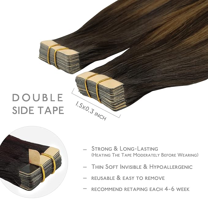 WENNALIFE Tape in Hair Extensions Human Hair, 20pcs 22 inch 50g Balayage Dark Brown Mixed Chestnut Brown Remy Tape Hair Extensions Real Human Hair Extensions Coloured