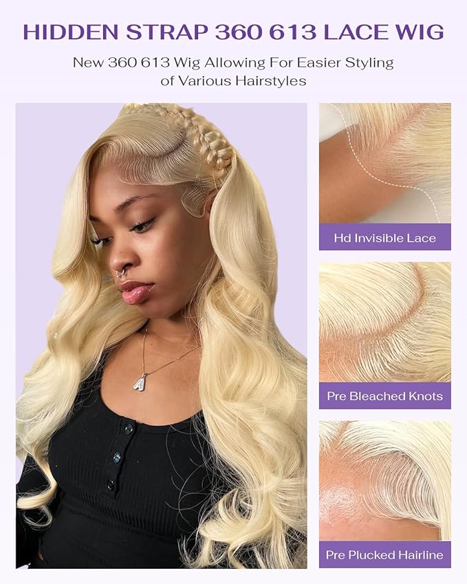Hidden Strap Body Wave 360 613 Lace Front Wig Human Hair Glueless Wigs Human hair Pre Plucked Pre Bleached 180% Density Blonde Wig With Drawstring HD Full Lace Human Hair Wigs 22Inch