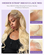 Hidden Strap Body Wave 360 613 Lace Front Wig Human Hair Glueless Wigs Human hair Pre Plucked Pre Bleached 180% Density Blonde Wig With Drawstring HD Full Lace Human Hair Wigs 28Inch