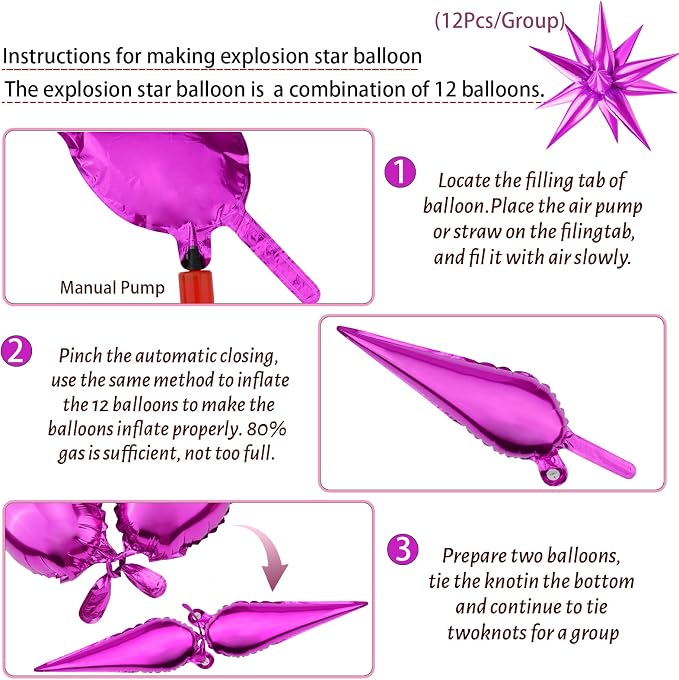 60 PCS Hot Pink Star Balloons, 12 Point cone Spike Explosion Star Foil Balloons - Image 3