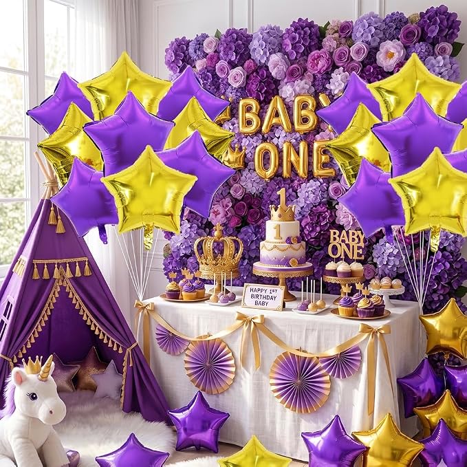 TONIFUL 15 Pack Purple and Gold Star Foil Balloons | 18 Inch Mylar Star Balloons - Image 6
