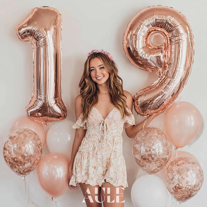 AULE 40 Inch Rose Gold 19 Balloon Number Foil 0-9 Birthday Big Numbers | - Image 3