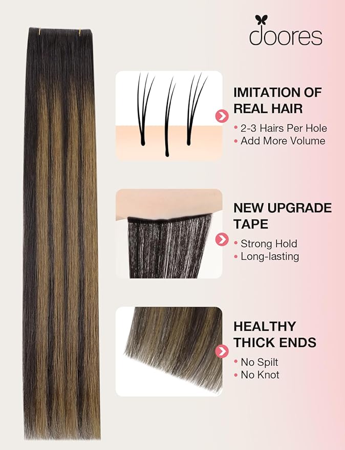 DOORES Invisi Edge Tape in Wide Hair Extensions Human Hair, Dark Brown to Chestnut Brown 4PCS Injection Tape ins 20g 24 Inch, Virgin Human 3 Inch Wide Injected Extensions Invisible