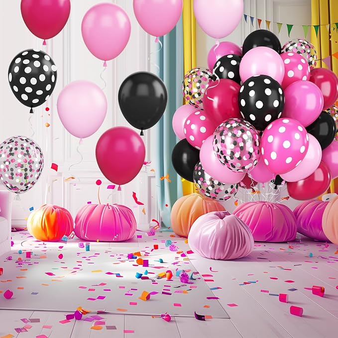 Pink and Black Balloons, 12 Inch Hot Pink Black Balloons Pink White Dots Black - Image 5