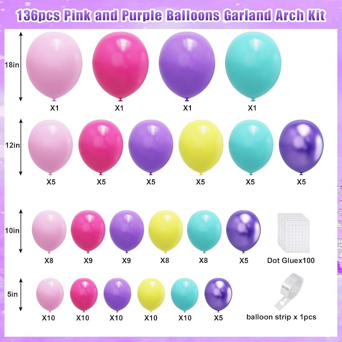 YMSZ Pink Blue Purple Balloons Arch Kit, Birthday Decorations - Image 2