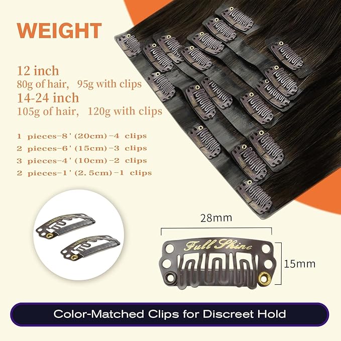 Full Shine Real Hair Extensions Clip in Human Hair Dark Brown to Platinum Blonde Seamless Clip ins Human Hair for Short Hair Washability 12 Inch 8 PCS 95 G