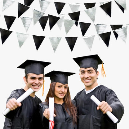 Black and Silver Party Decorations Triangle Pennant Banner Flag Metallic Fabric - Image 4