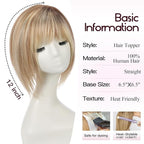 EMMOR 12 Inch Human Hair Topper for Women - Real Hair Topper with Bangs & 6.5" × 6.5" Larger Base, Natural Thin Hair Solution for Women(Ombre Blonde & Brown Highlight)