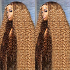 AMIRTY 360 Honey Blonde Water Wave Wig Human Hair 4/27 Highlight Curly Wig Pre Plucked Ombre Lace Front Wig Human Hair Drawstring Wig Human Hair Deep Wave Lace Front Wig Colored Wigs 24Inch