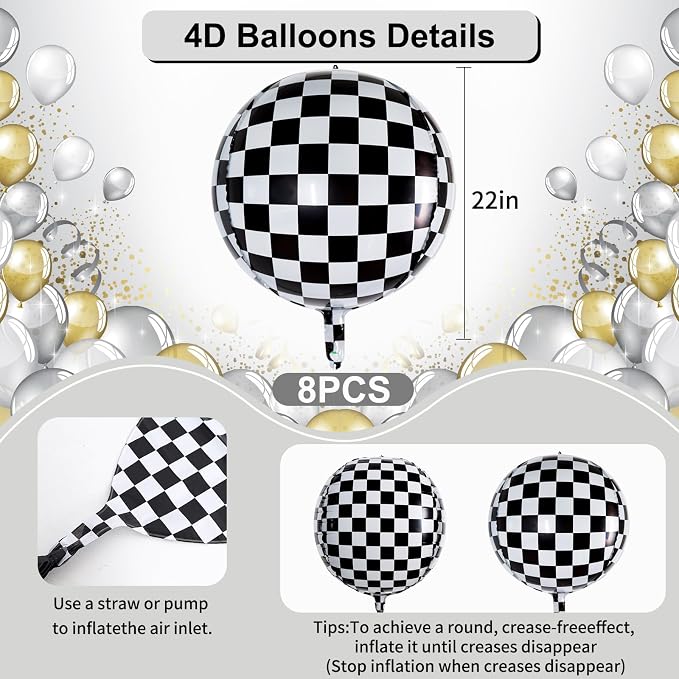 TONIFUL 8Pcs 4D Checkered Balloons 22 Inch Sphere Checkereds Foil Balloons | - Image 2