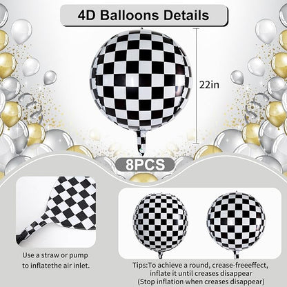 TONIFUL 8Pcs 4D Checkered Balloons 22 Inch Sphere Checkereds Foil Balloons | - Image 2