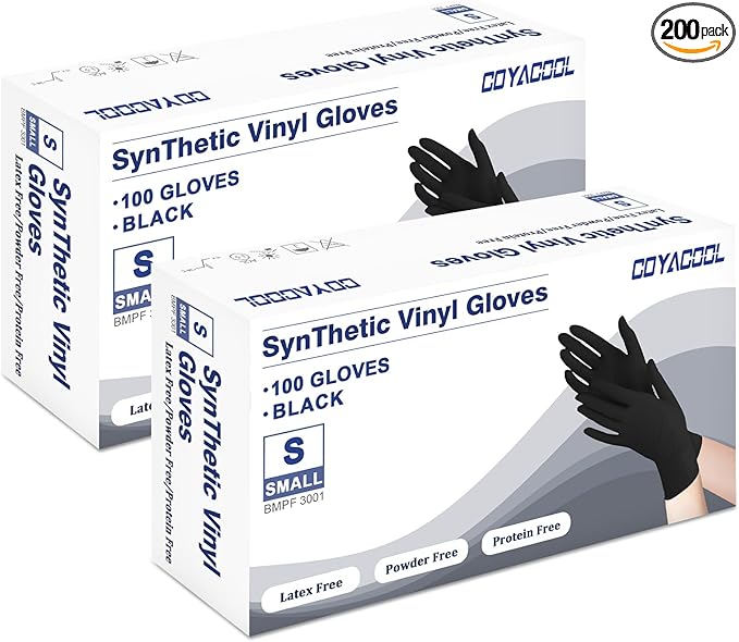 Disposable Gloves Small, Nitrile and Vinyl Blend Material Gloves, Latex Free 4 Mil 200 Pc Food Grade Glove for Cleaning, Food Prep, Hair Dye, Tattoo, Black
