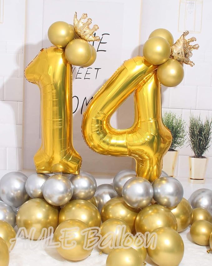 AULE 40 Inch Gold 14 Balloon Number Foil 0-9 Birthday Big Numbers | Birthday - Image 3