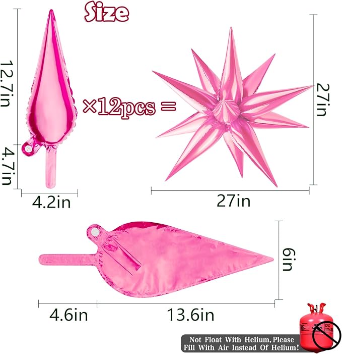 60 PCS Pink Star Balloons, 12 Point cone Explosion Star Foil Balloons - Image 2
