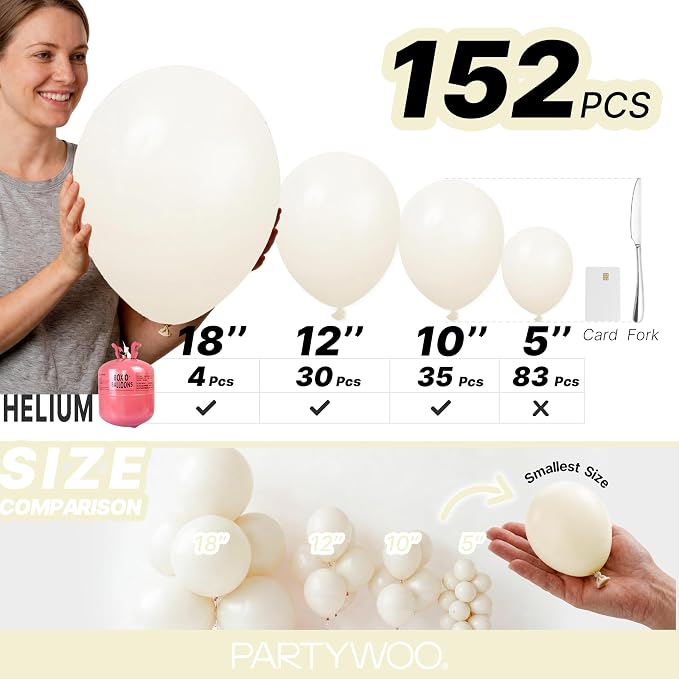 PartyWoo Beige Balloons 152pcs Cream Ivory Color 18 12 10 5 Inch | Balloons - Image 6