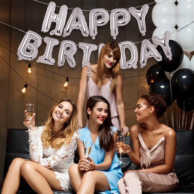 PIGETALE Silver Happy Birthday Balloons Banner, 16 Inch 3D Aluminum Foil - Image 2