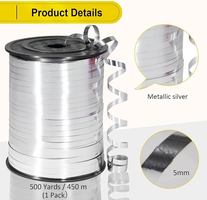 Silver Ribbon, 500 Yard Premium Silver Curling Ribbon, Metallic Shiny Curling - Image 5