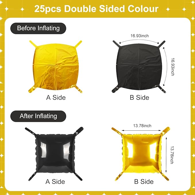 Black and Gold Square Foil Balloons 25 Pcs Metallic Black and Gold Balloons - Image 7