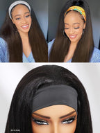Julia Hair 12A Headband Wig Human Hair Yaki Straight Glueless None Lace Half Wig With Pre-attached Scarf Ombre Chestnut Brown Highlight With Dark Roots for Black Women Put on and Go 20 Inch