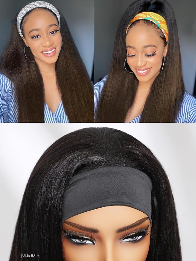 Julia Hair 12A Headband Wig Human Hair Yaki Straight Glueless None Lace Half Wig With Pre-attached Scarf Ombre Chestnut Brown Highlight With Dark Roots for Black Women Put on and Go 24 Inch