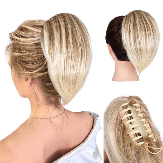 Claw Clip Ponytail Extension - 10 Inch Short Pony Tails Hair Extensions, Soft Synthetic Straight Hair Extensions Ponytail, Clip in Ponytail (Color: Blonde with Bleach Blonde Ends)