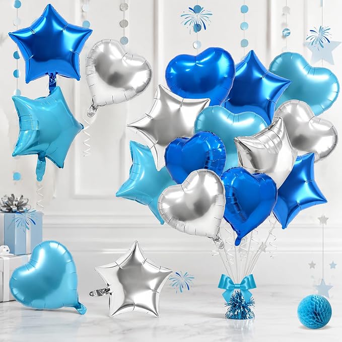 TONIFUL 18 Inch Blue & Silver Star and Heart Foil Balloons by TONIFUL