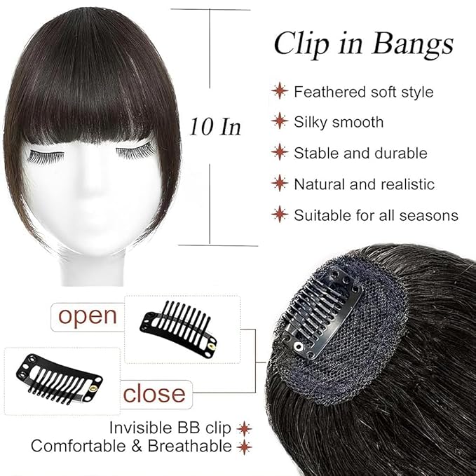Clip in Bangs Natural Brown Black Color 100% Real Human Hair Wispy Clip on Bangs Extensions Fringe with Temples Hairpieces for Women